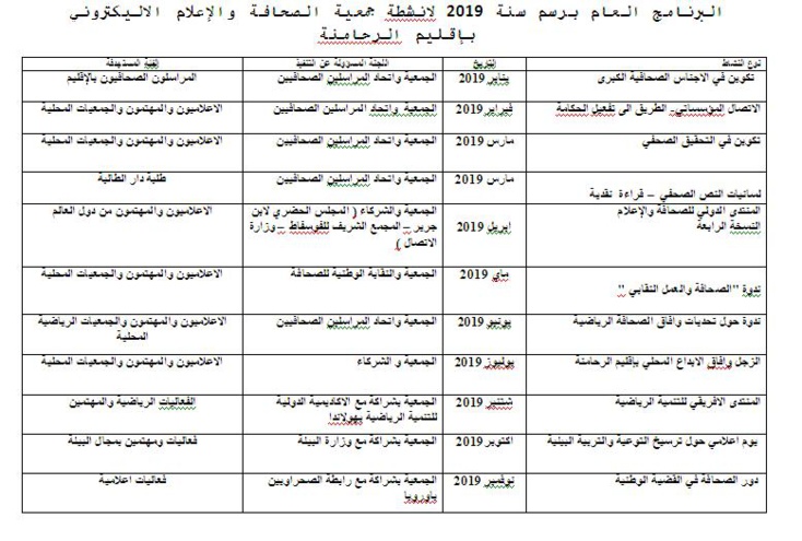 البرنامج العام برسم سنة 2019 لانشطة جمعية الصحافة والإعلام الاليكتروني  بإقليم الرحامنة