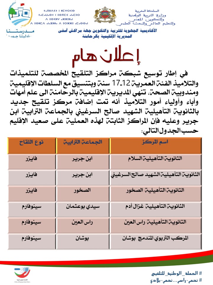 المديرية الإقليمية للتربية الوطنية والتكوين المهني والتعليم العالي والبحث العلمي بالرحامنة...اعلان هام.