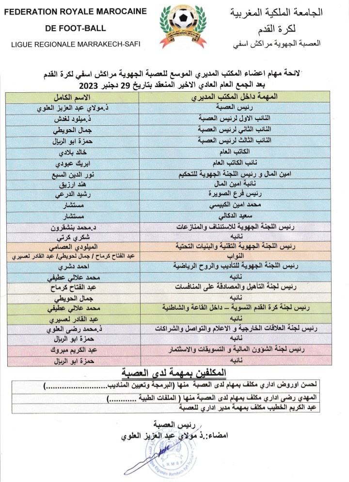 المكتب المديري للعصبة الجهوية  مراكش آسفي لكرة القدم