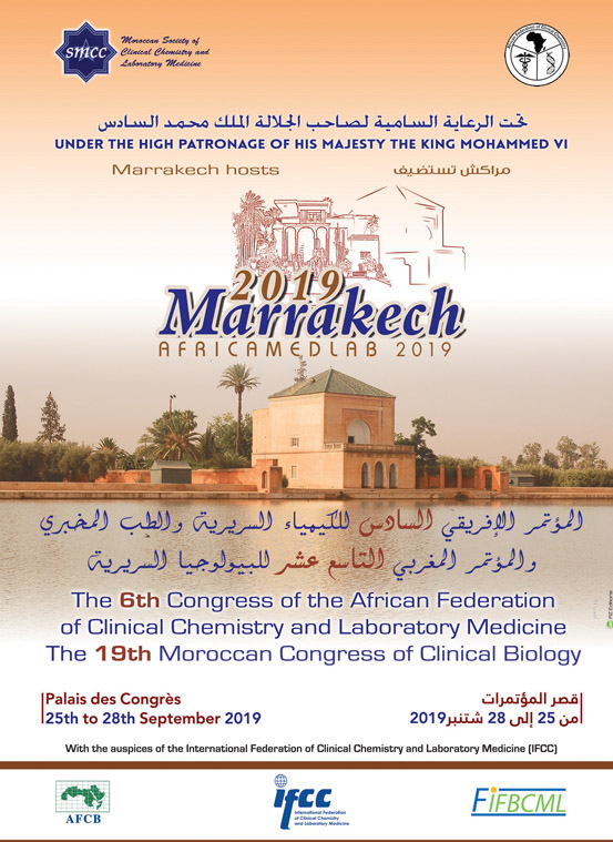المؤتمر الأفريقي السادس للكمياء السريرية والطب المخبري من 25 إلى 29 شتنبر 2019 بمراكش.