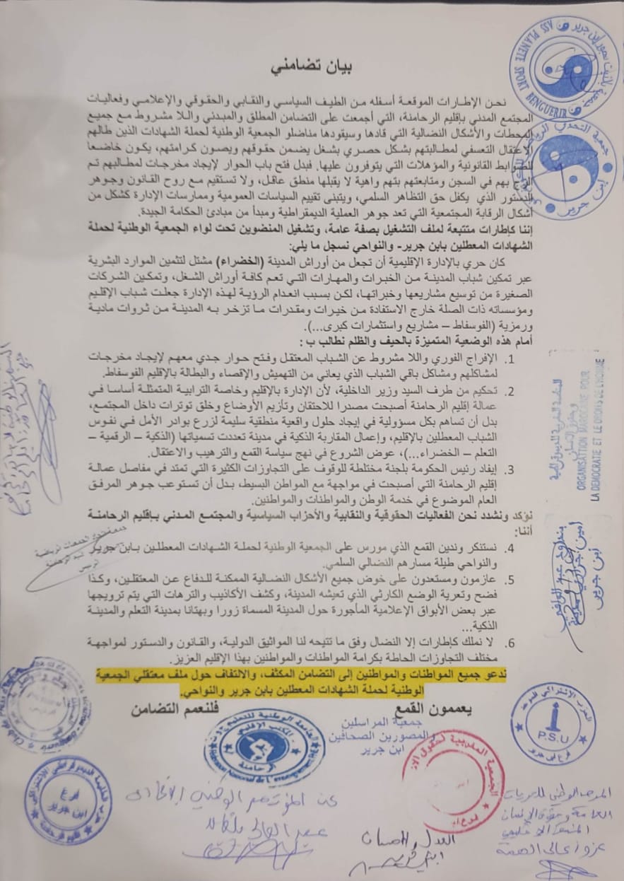   منظمات حقوقية وسياسية ومدنية بابن جرير...تطالب في بيان لها بتحكيم وزير الداخلية 