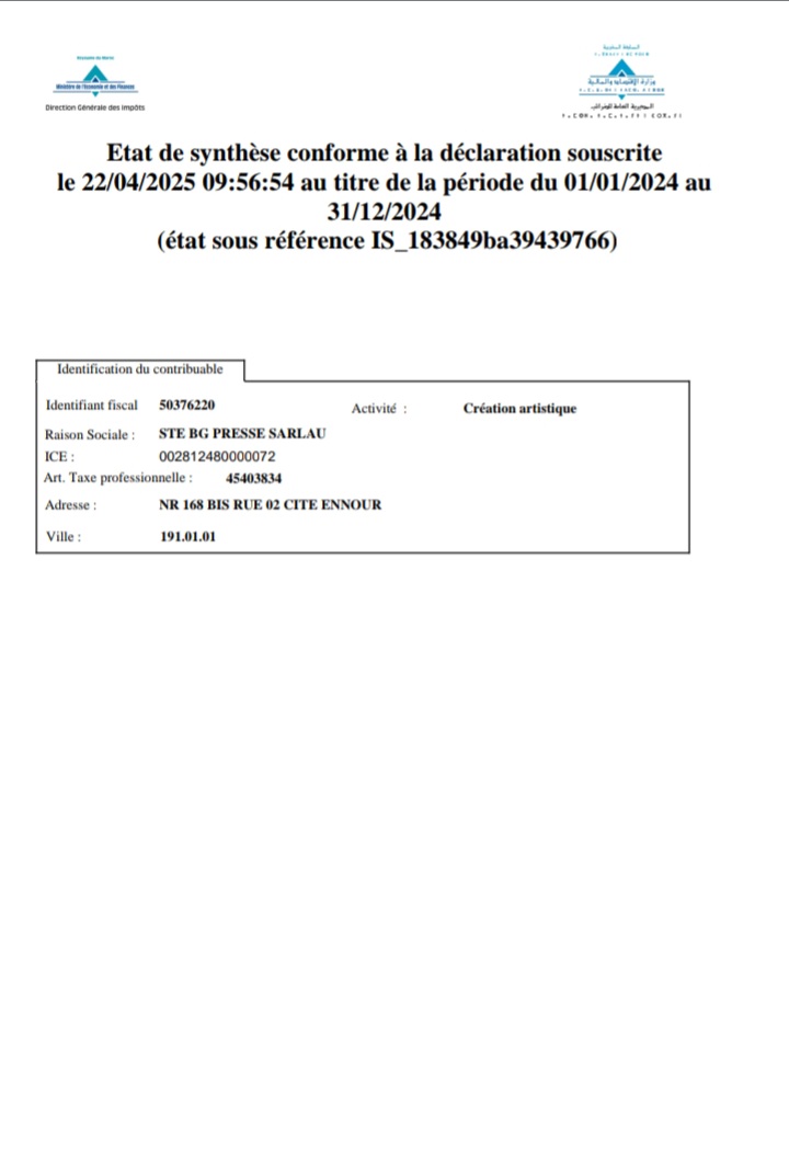 حساب الاستغلال السنوي لشركة BG presse من 2024/01/01 إلى 2024/12/31 (تصدر عنها جريدة حقائق بريس الالكترونية) حساب الاستغلال السنوي لشركة BG presse من 2024/01/01 إلى 2024/12/31 (تصدر عنها جريدة حقائق بريس الالكترونية)