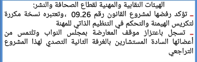 بيــــــــــان : الهيئات النقابية والمهنية لقطاع الصحافة والنشر: